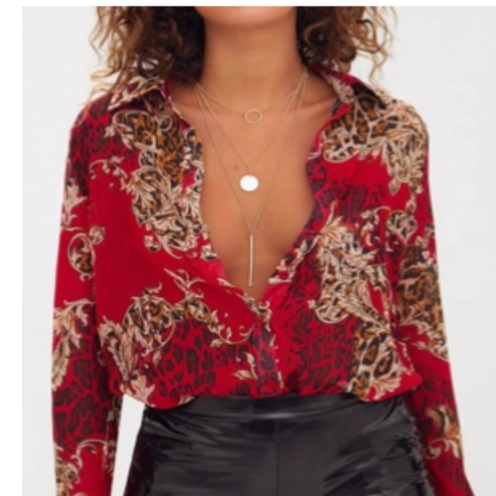 PrettyLittleThing Red Baroque Printed Chiffon Oversized Shirt